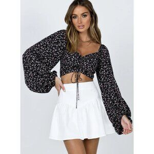 Princess Polly Maple Long Sleeve Top Black Floral With Tie Front Smocked Size 8